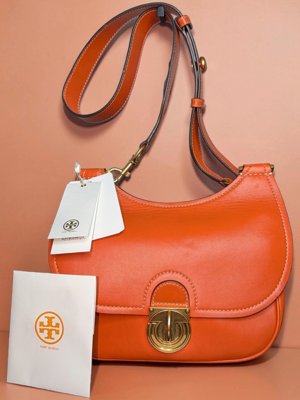 Tory Burch James Orange Leather Small Saddle Bag